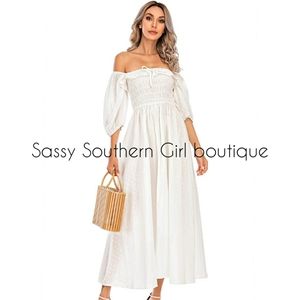⭐🆕 Boho White smock swiss dot off shoulder cotton dress